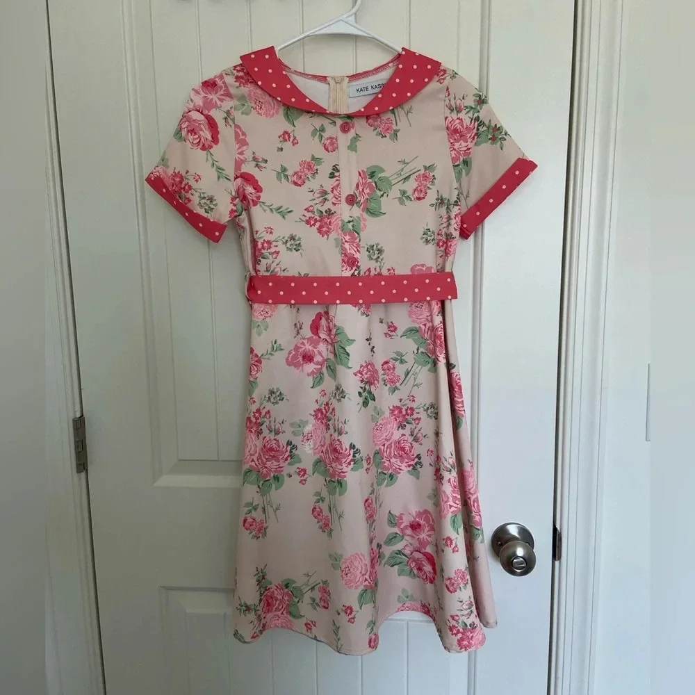 Vintage Kate Kasin girl’s floral tie‎ belt dress — size 12